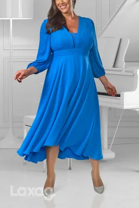 22843 - A-Line V-Neck Long Sleeves Sleek Satin Elegant Mother of the Bride Dress