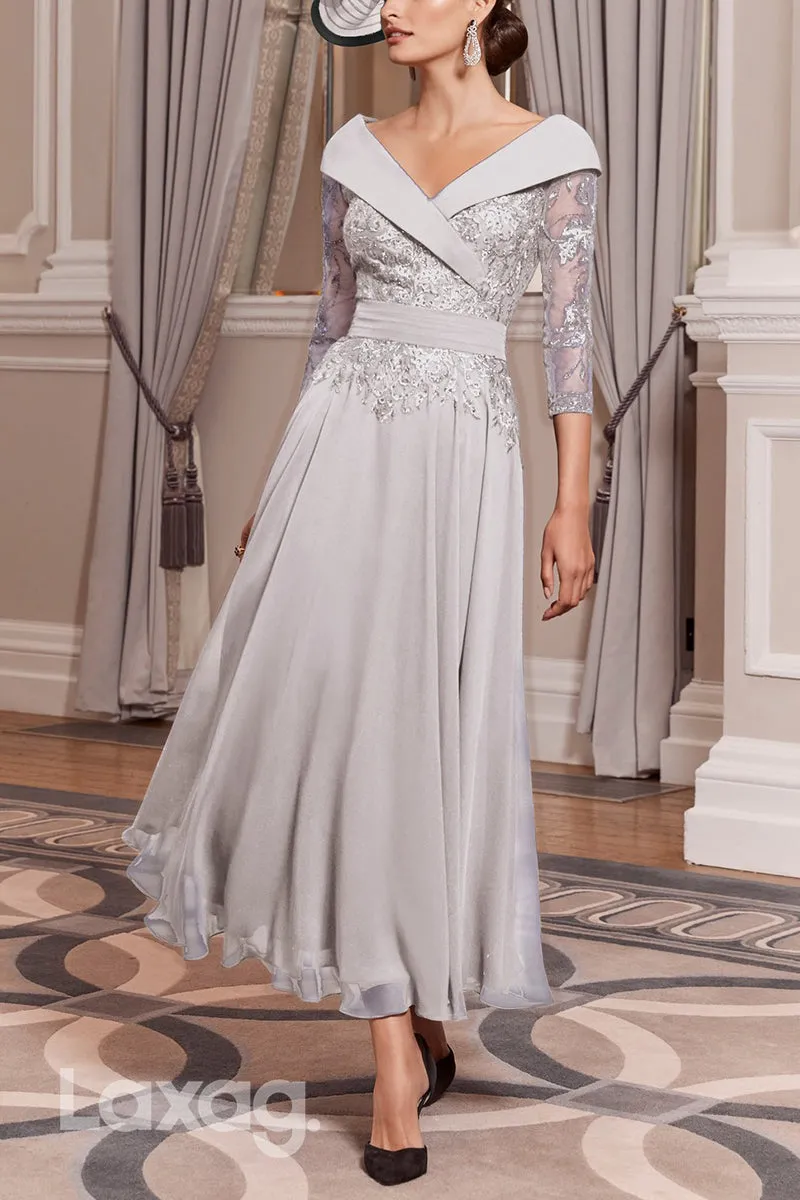 22932 - A-Line V-Neck Quarter Sleeves Appliques Beaded Mother of the Bride Dress