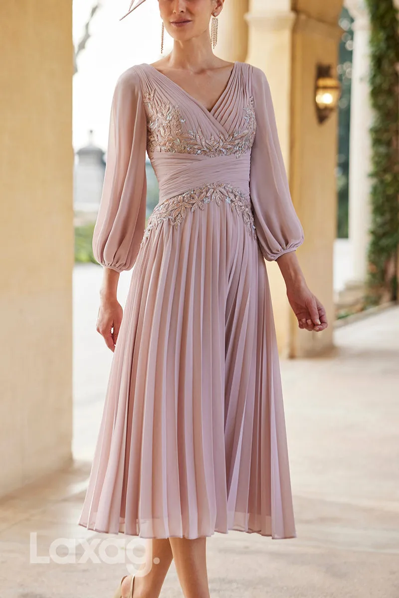 23002 - V-Neck Long Sleeves Appliques Beaded Chiffon Mother of the Bride Dress