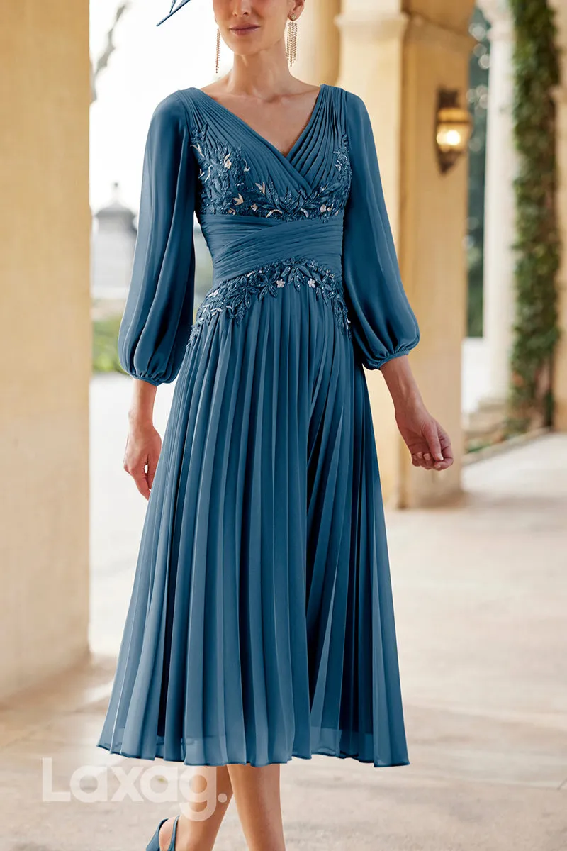 23002 - V-Neck Long Sleeves Appliques Beaded Chiffon Mother of the Bride Dress