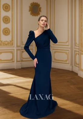 23165 - Long Sleeves Sleek Satin ElegantParty Prom Formal Evening Dress with Train