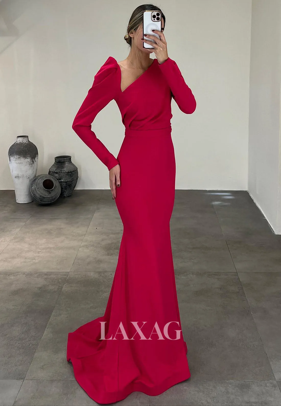 23165 - Long Sleeves Sleek Satin ElegantParty Prom Formal Evening Dress with Train