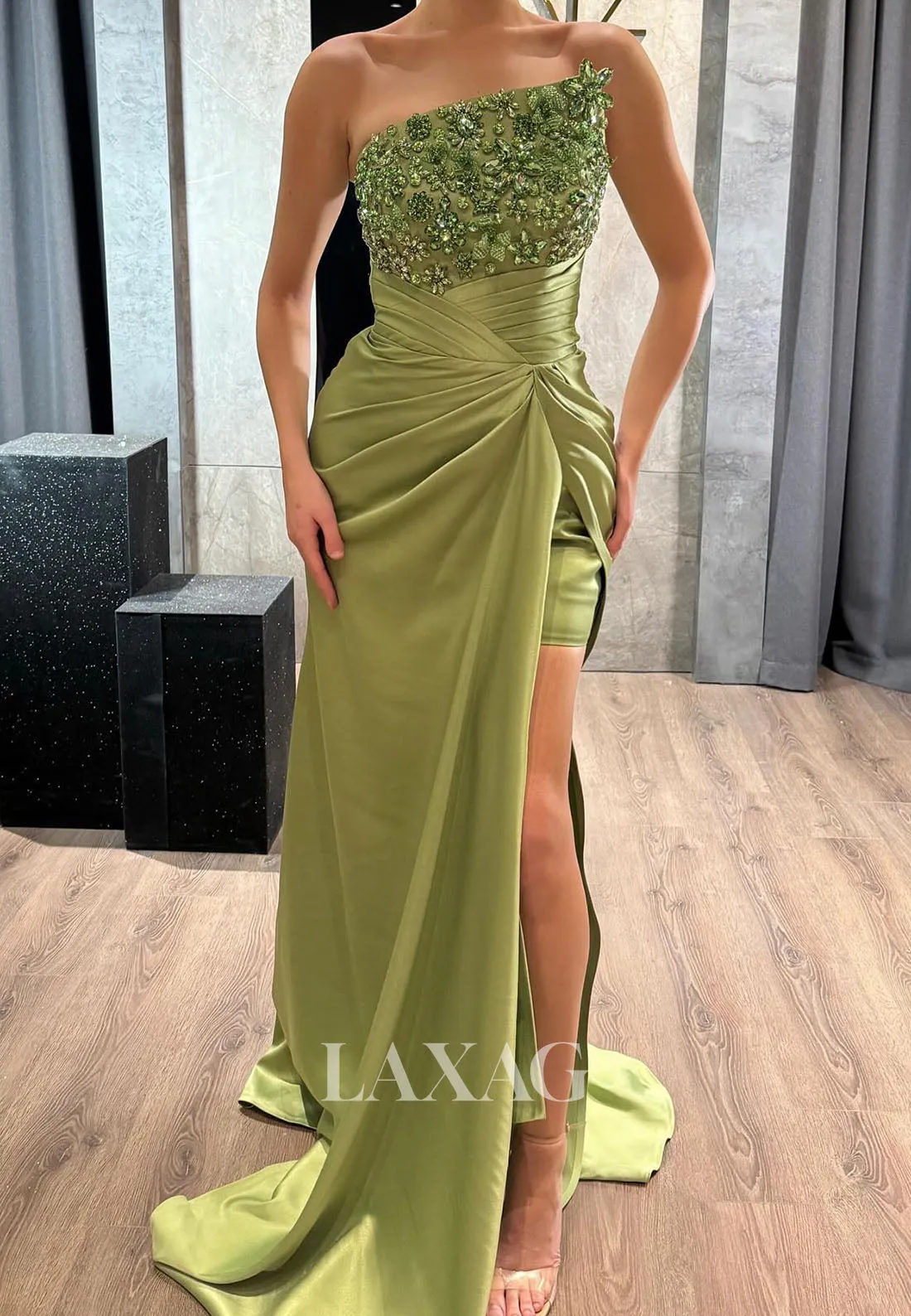 23168 - Asymmetric Beaded Party Prom Formal Evening Dress with Slit and Train