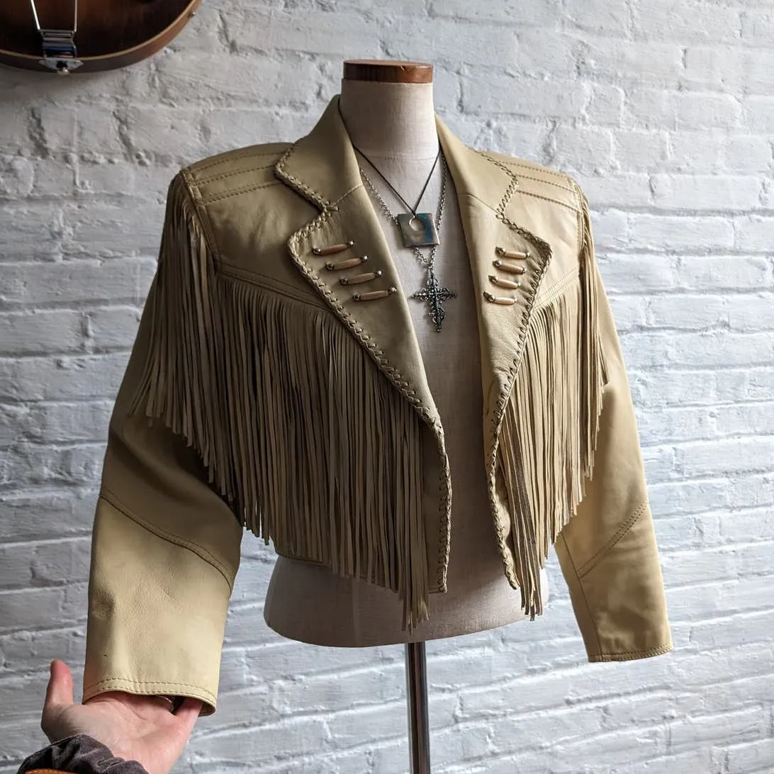 90s Vintage Neutral Leather Fringe Biker Jacket Cropped Tan Western Moto Shacket