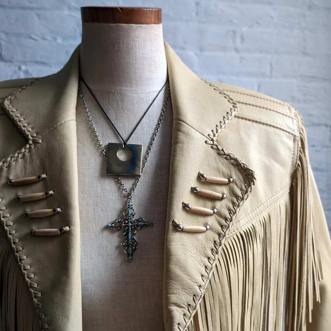 90s Vintage Neutral Leather Fringe Biker Jacket Cropped Tan Western Moto Shacket