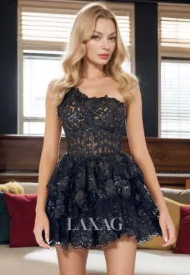 A-Line One Shoulder Lace Appliques Sequins Tiered Party Homecoming Dress