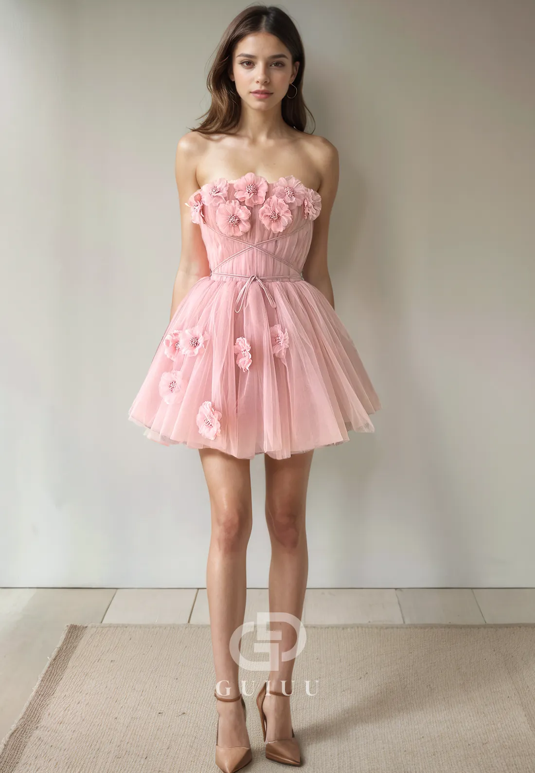 A-Line Strapless Sleeveless Pleated Back Zipper Homecoming Dress with Flowers