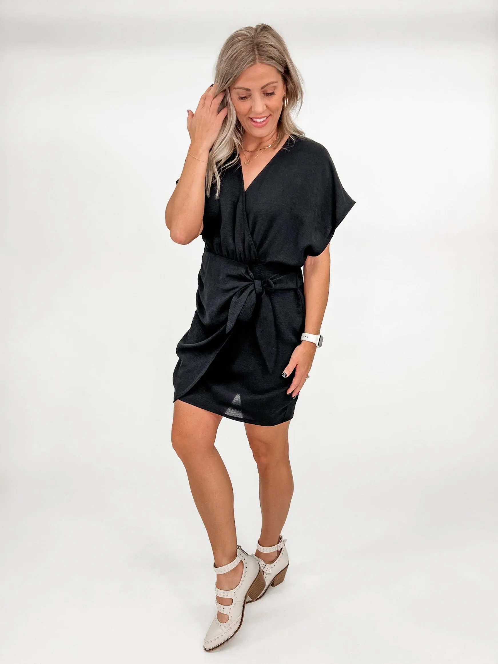 Above the Bar Side Tie Mini Dress, Black