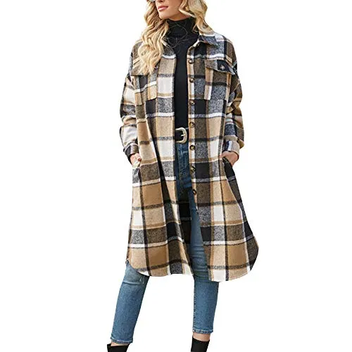 Ainangua Women's Casual Wool Blend Long Plaid Shirt Jacket Button Down Pocketed Shirt Shacket (Khaki, XS)