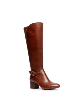 ANNE KLEIN Womens Cognac Brown Mixed Media Back Stretch Material Adjustable Strap Cushioned Honesty Almond Toe Block Heel Zip-Up Leather Heeled Boots M