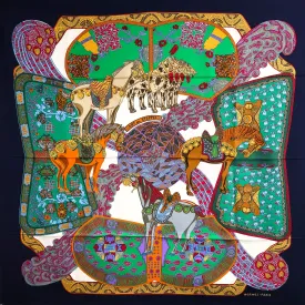 Art des Steppes Hermes Scarf by Annie Faivre 90cm Silk Twill Navy Col.