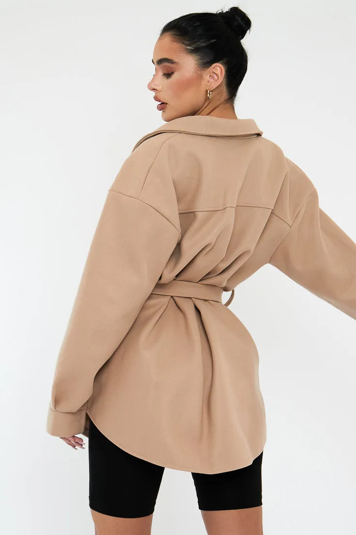 Beige Belted Pocket Front Shacket - Meera