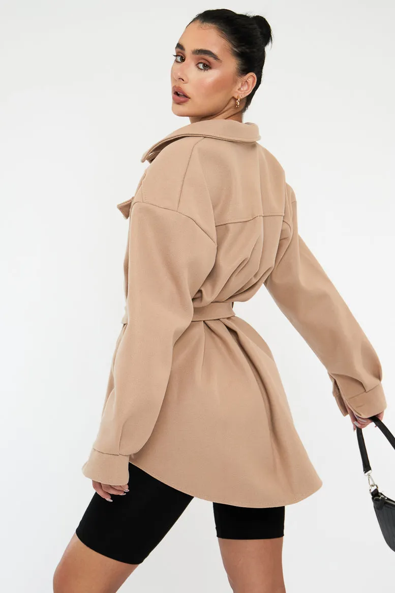 Beige Belted Pocket Front Shacket - Meera