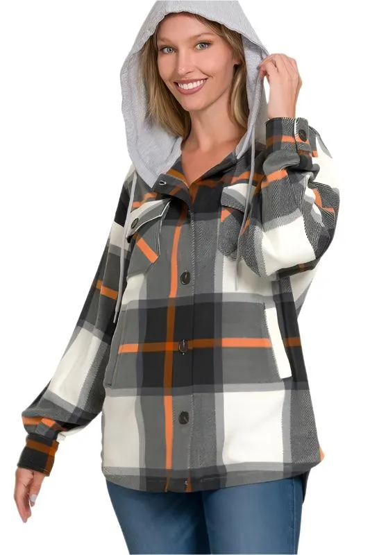 Black Plaid Drawstring Hooded Fleece Shacket