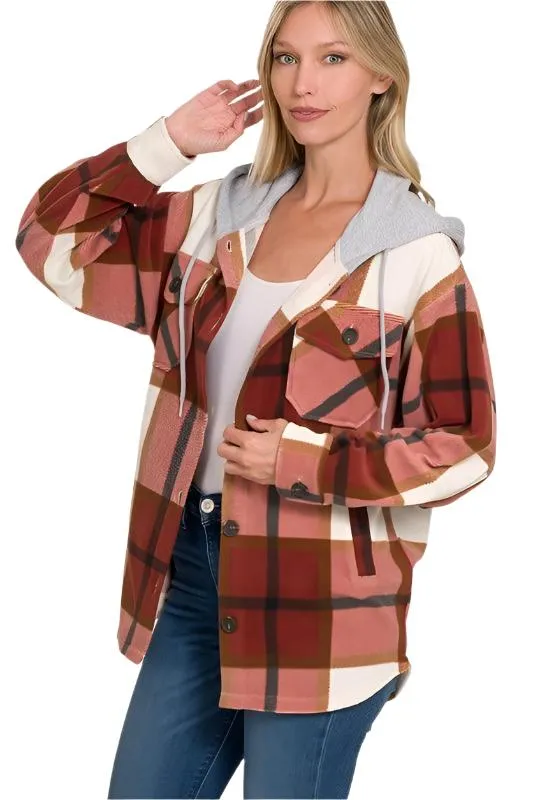 Black Plaid Drawstring Hooded Fleece Shacket