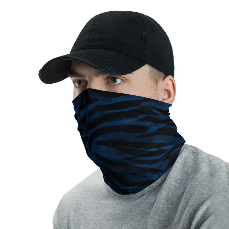 Blue Tiger Stripe Face Mask Covering, Headband Bandana Neck Gaiter-Made in USA/EU