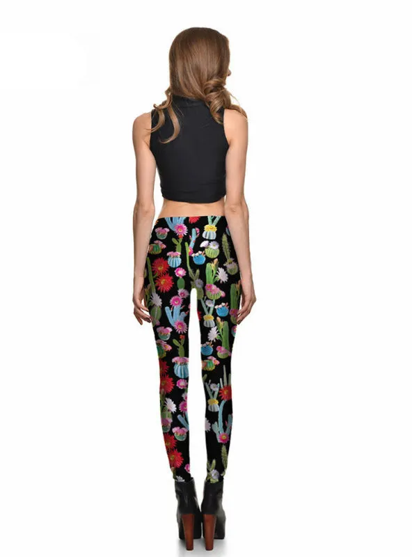 Cactus & Flower Colorful Leggings Digital Print Pants