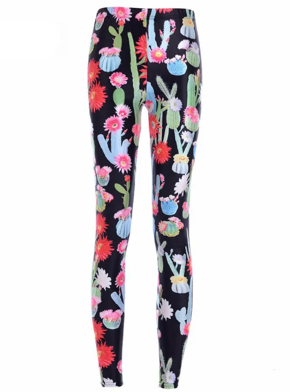 Cactus & Flower Colorful Leggings Digital Print Pants