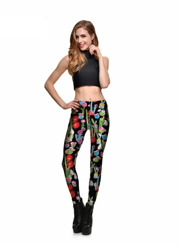 Cactus & Flower Colorful Leggings Digital Print Pants