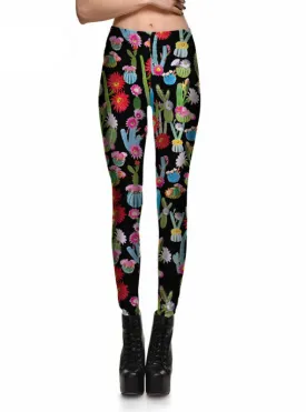 Cactus & Flower Colorful Leggings Digital Print Pants