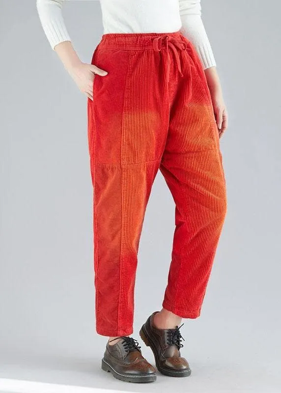 Casual Red retro Colorblock Tie Waist Fall Corduroy Pants