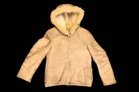 Coat Vintage Women's Shearling with Fur-Lined Hood – Soft Off-White Winter Jacket Vintage Dame Shearling Jakke med Pelsforet Hætte – Blød Off-White Vinterjakke