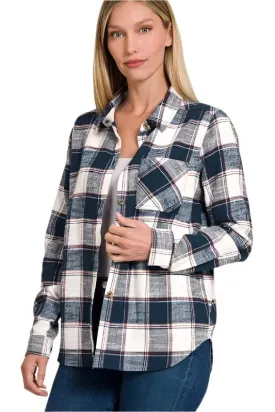 Cotton Plaid Shacket With Front Pocket