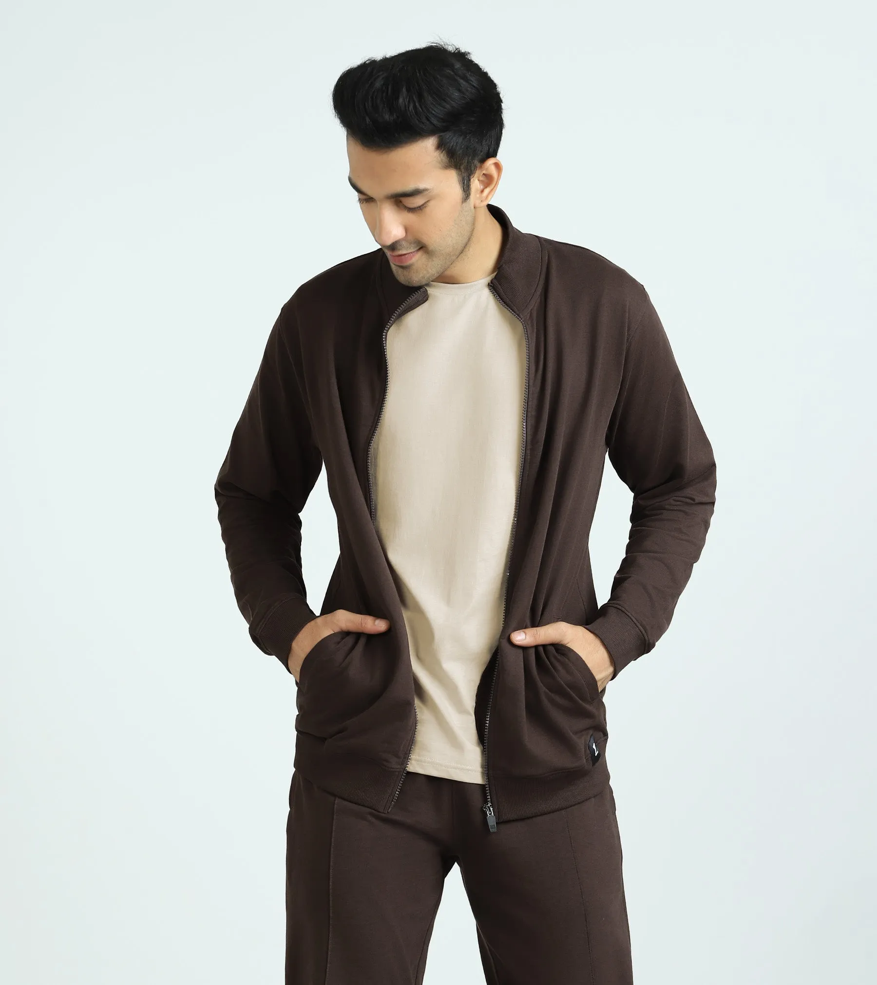 Cruze French Terry Cotton Zip-Up Jacket and Joggers Co-Ord Set Malt Brown