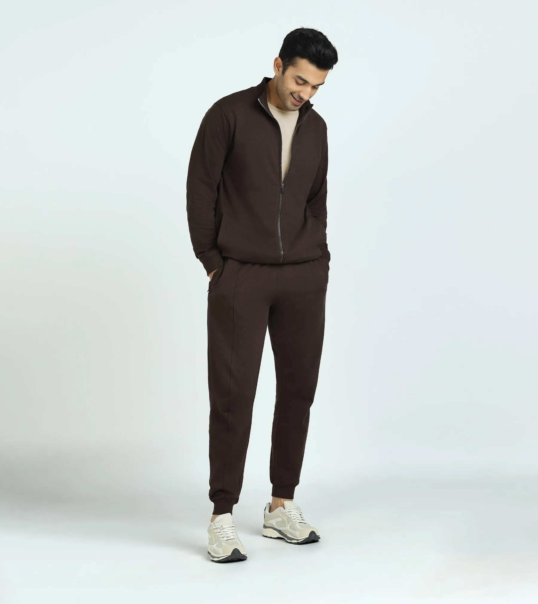 Cruze French Terry Cotton Zip-Up Jacket and Joggers Co-Ord Set Malt Brown