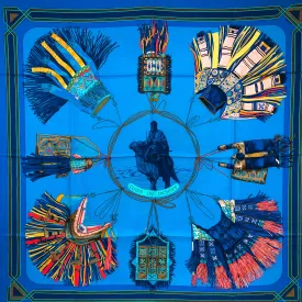 Cuirs du Desert Hermes Scarf by Françoise De la Perriere 90 cm Silk Blue Col.