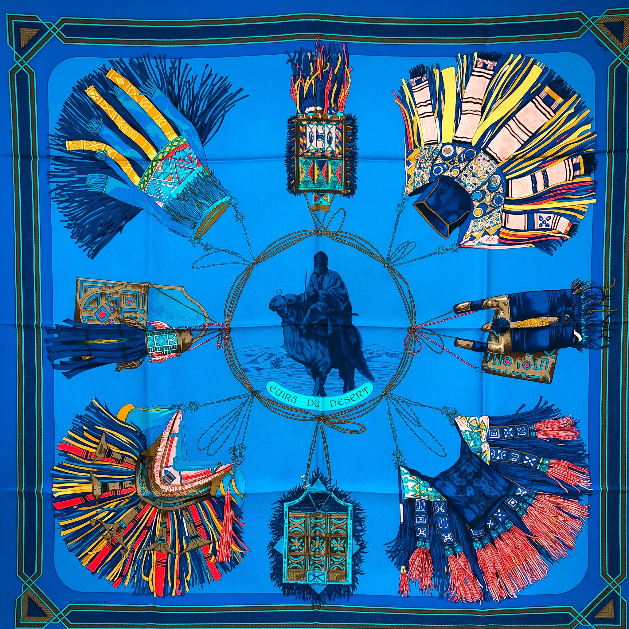 Cuirs du Desert Hermes Scarf by Françoise De la Perriere 90 cm Silk Blue Col.