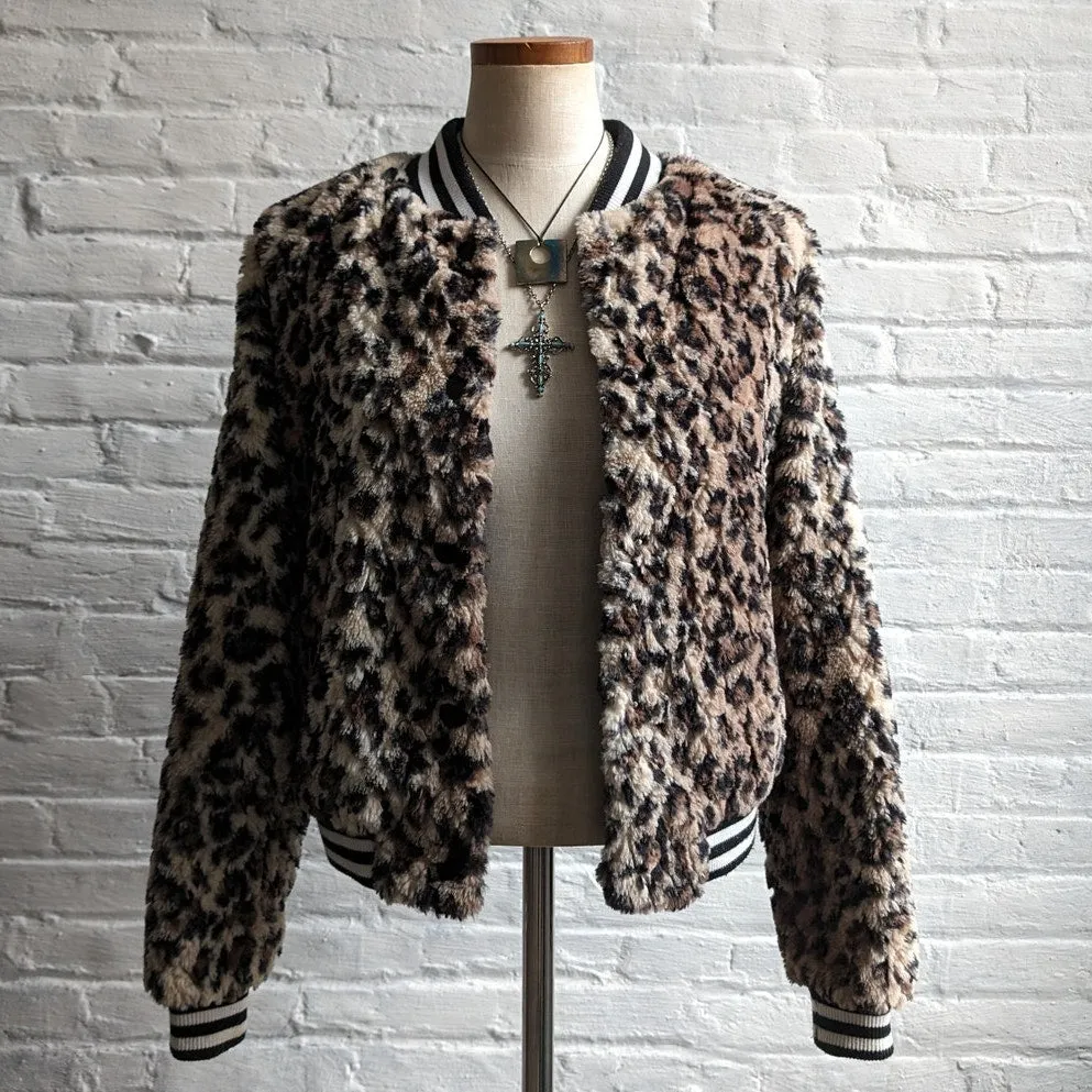 Designer Faux Fur Cheetah Print Bomber Jacket Leopard Furry Fuzzy Preppy Shacket