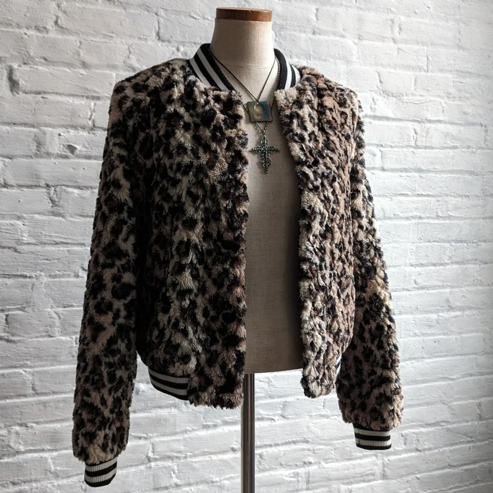 Designer Faux Fur Cheetah Print Bomber Jacket Leopard Furry Fuzzy Preppy Shacket