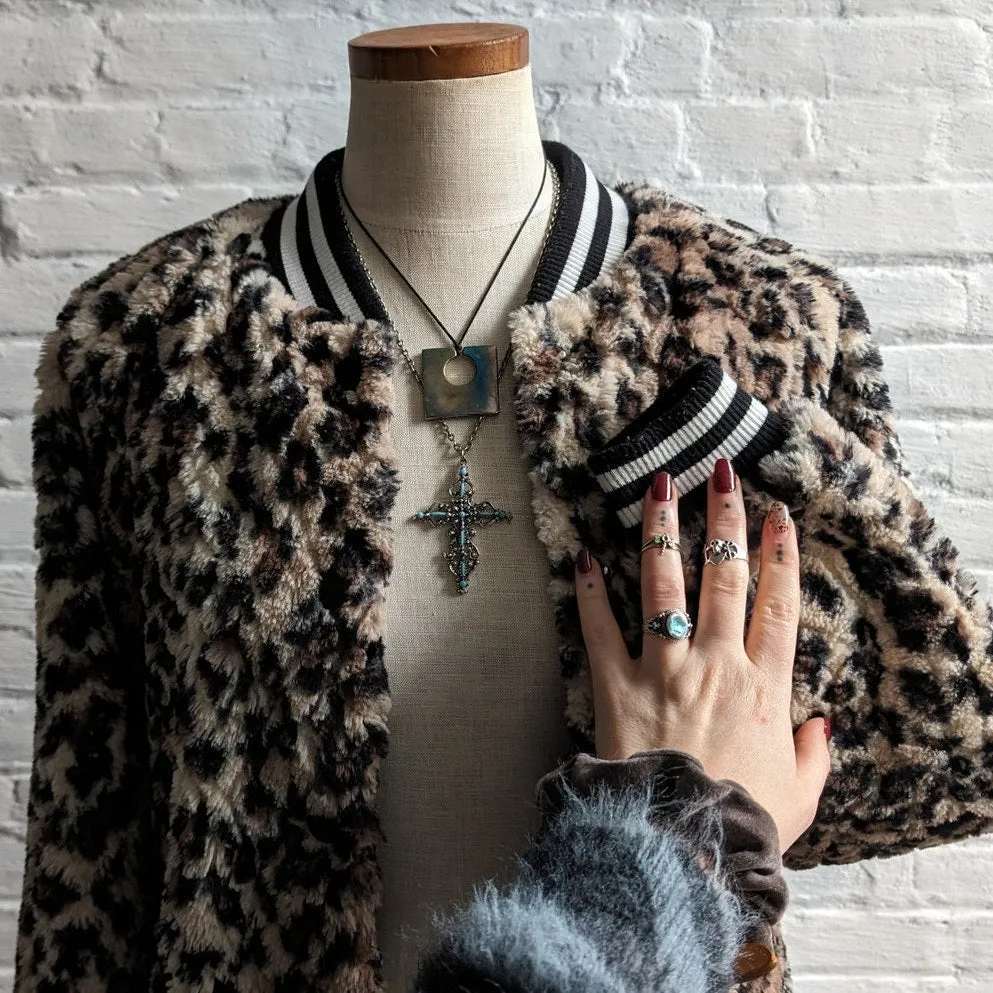 Designer Faux Fur Cheetah Print Bomber Jacket Leopard Furry Fuzzy Preppy Shacket