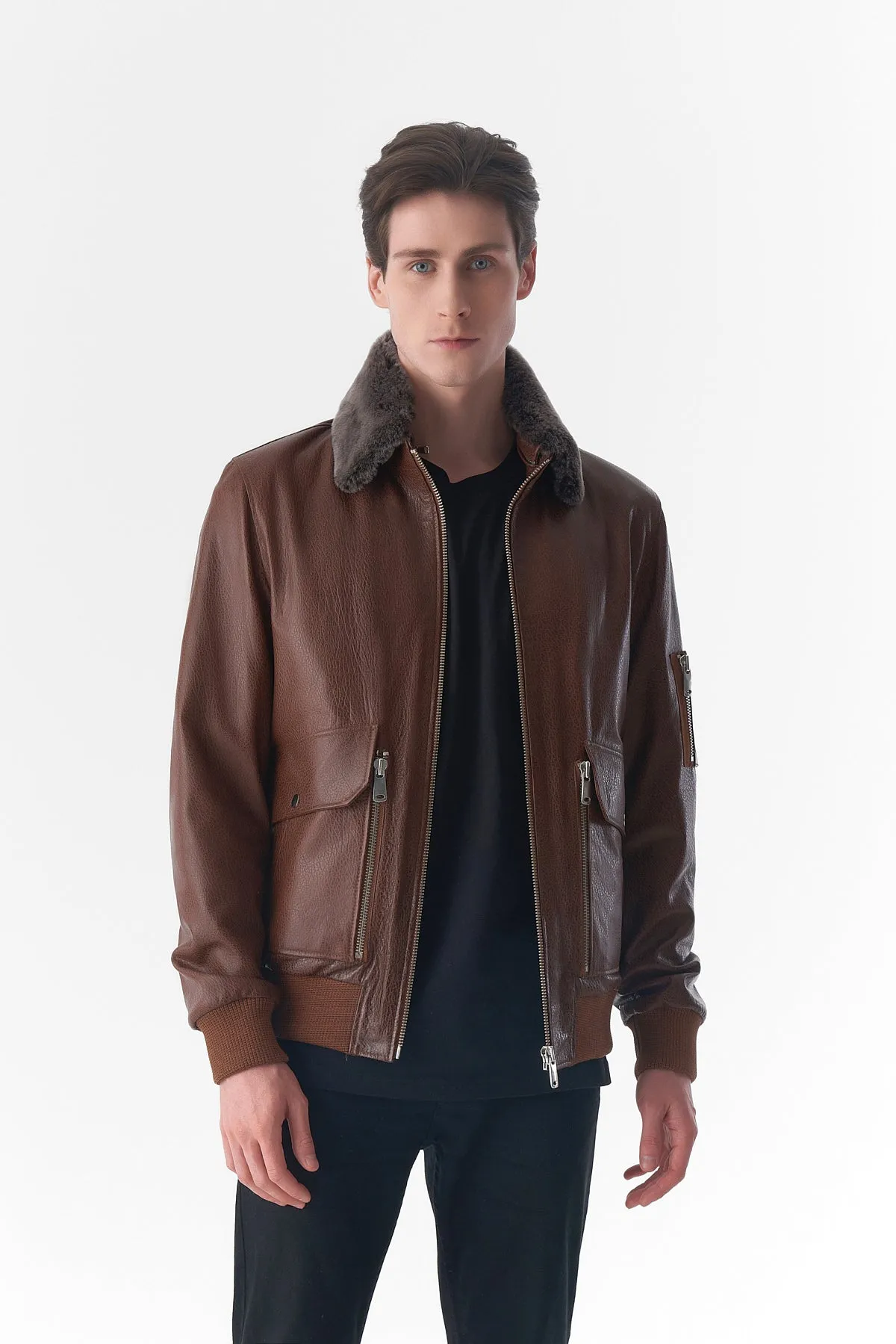 Detachable Shearling Collar Leather Jacket, Jumbo Tan