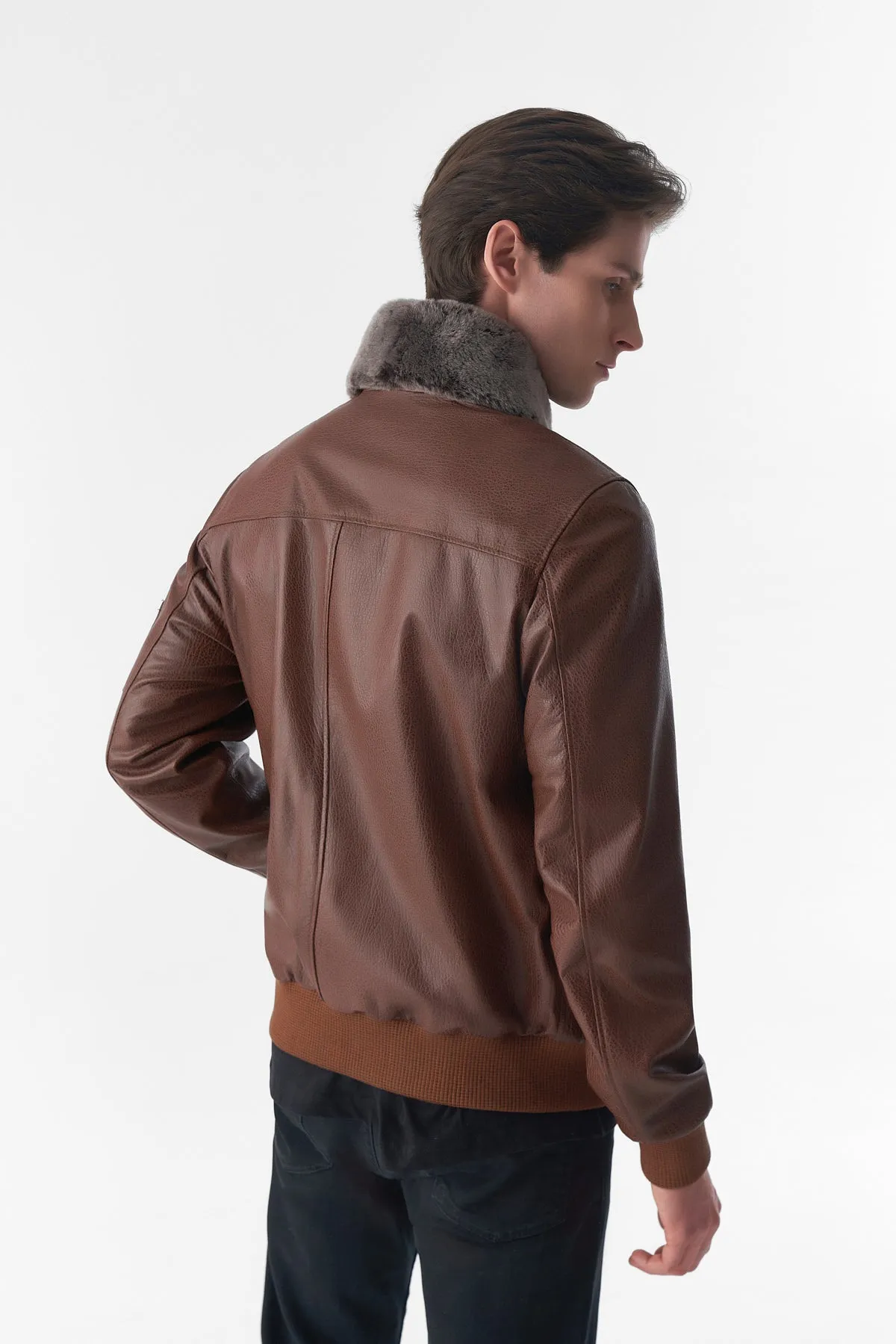 Detachable Shearling Collar Leather Jacket, Jumbo Tan