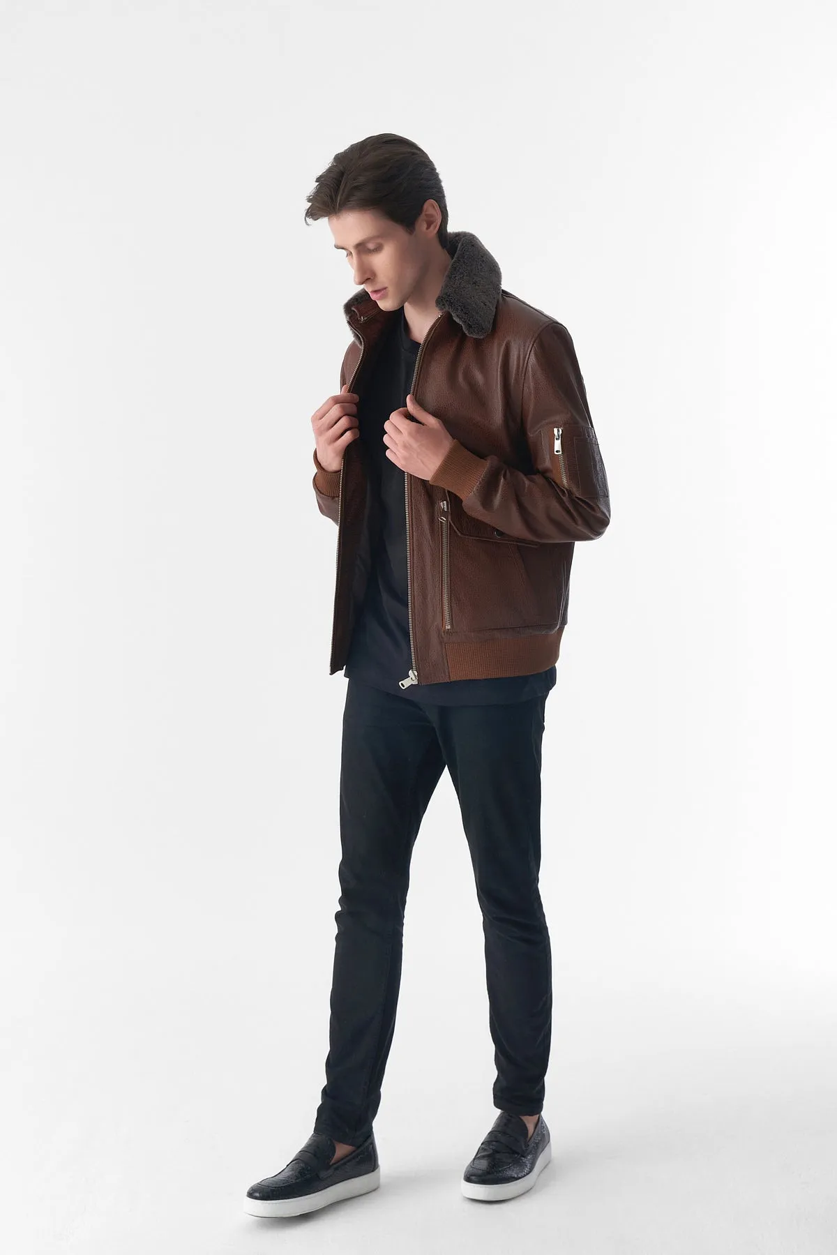 Detachable Shearling Collar Leather Jacket, Jumbo Tan