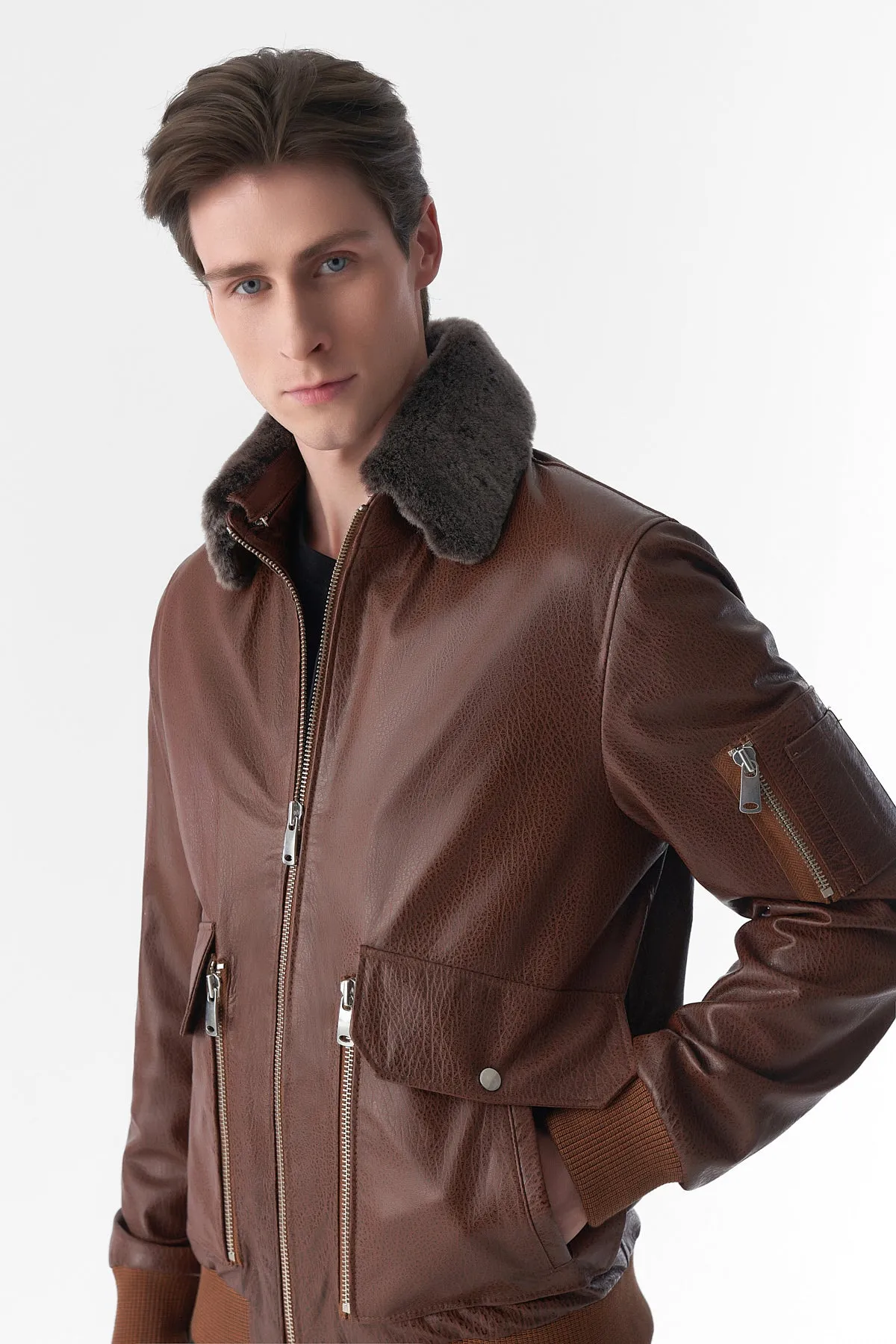 Detachable Shearling Collar Leather Jacket, Jumbo Tan