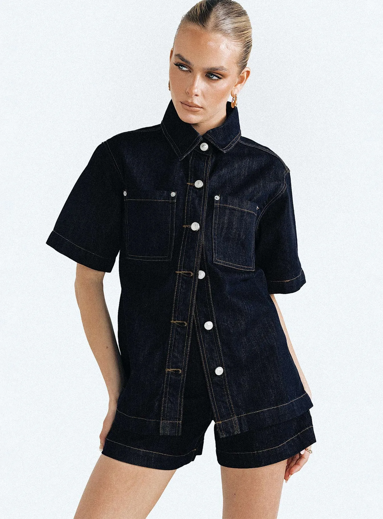 Fashionkova Whitaker Short Sleeve Shacket Dark Denim