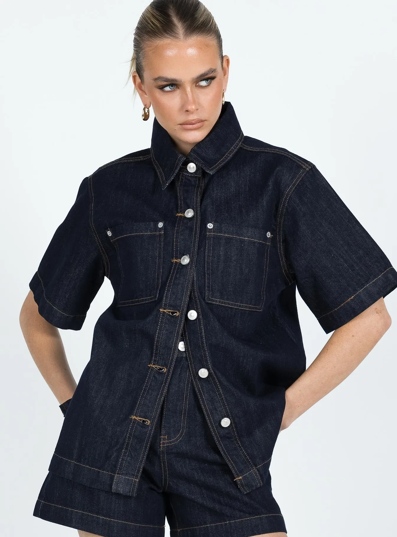 Fashionkova Whitaker Short Sleeve Shacket Dark Denim