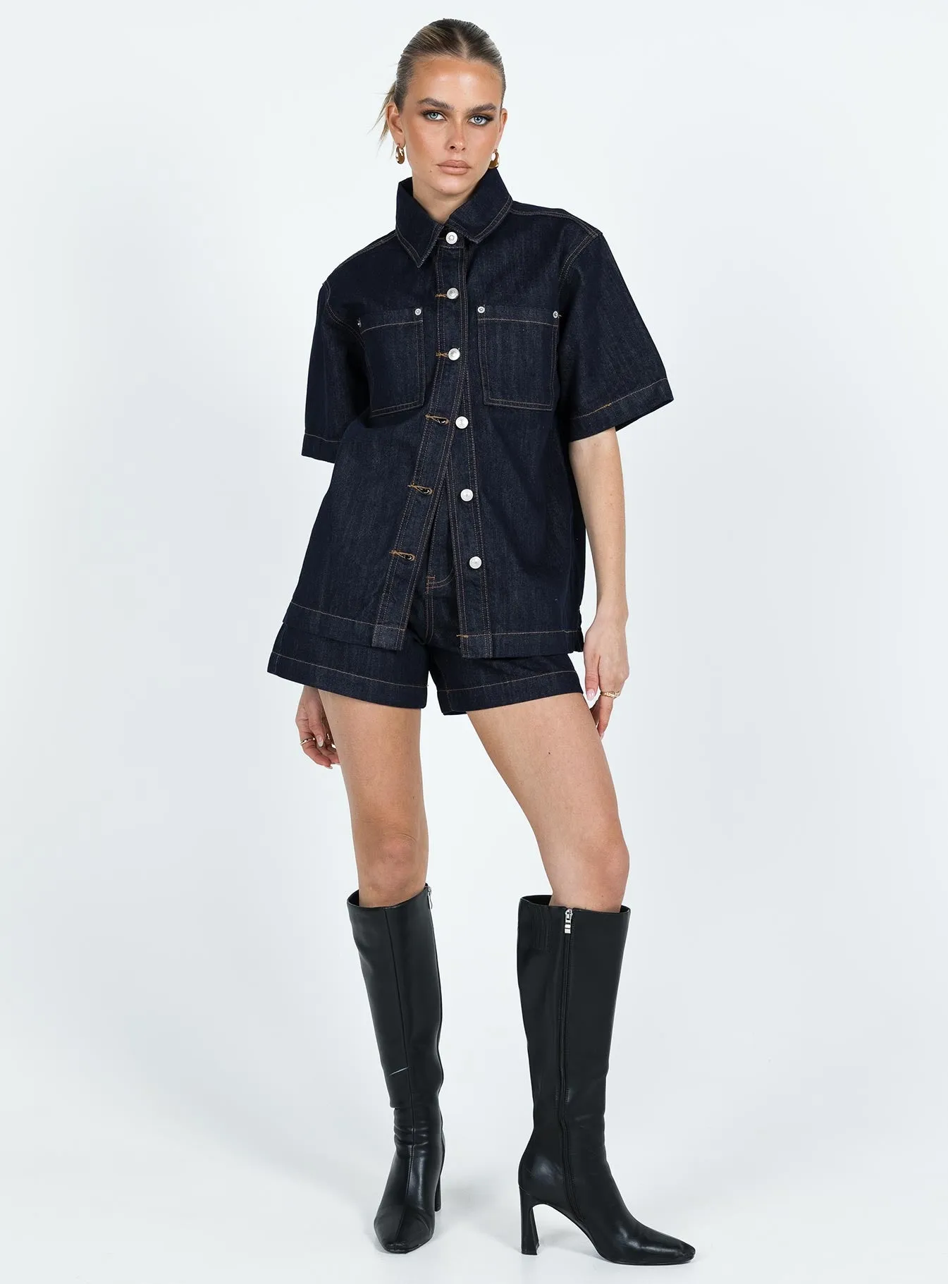 Fashionkova Whitaker Short Sleeve Shacket Dark Denim