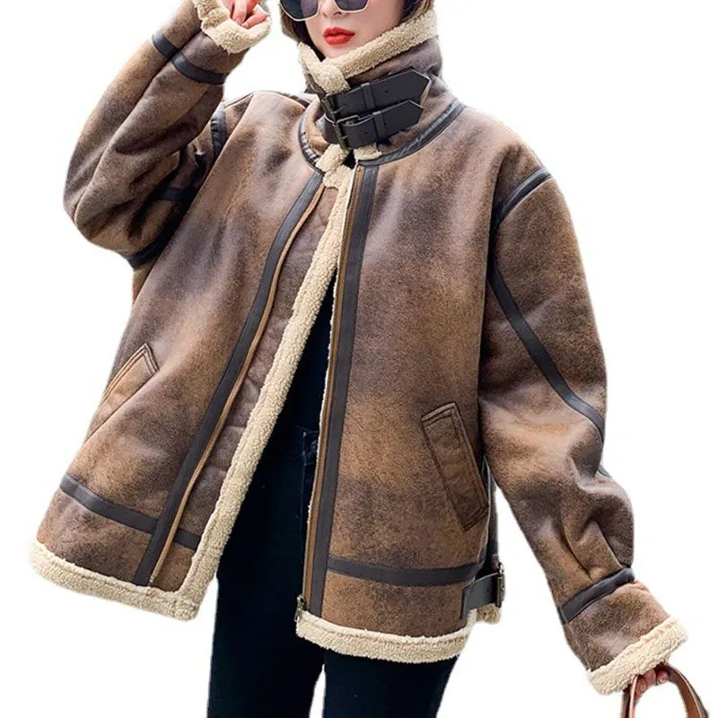 Faux Fur Lined Leather Shearling Moto Jacket