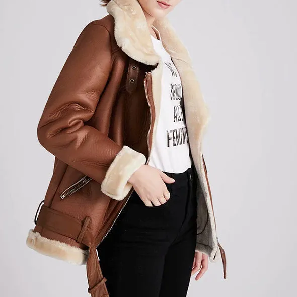 Faux Fur Lined Leather Shearling Moto Jacket