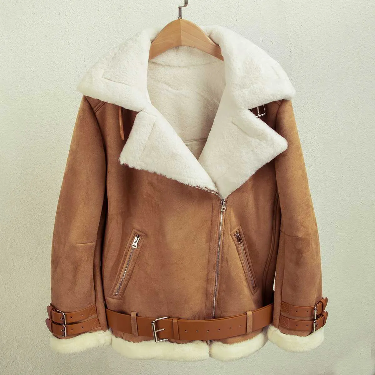 Faux Fur Lined Leather Shearling Moto Jacket