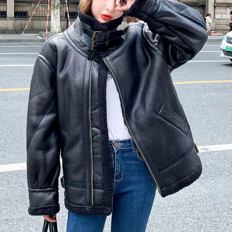 Faux Fur Lined Leather Shearling Moto Jacket