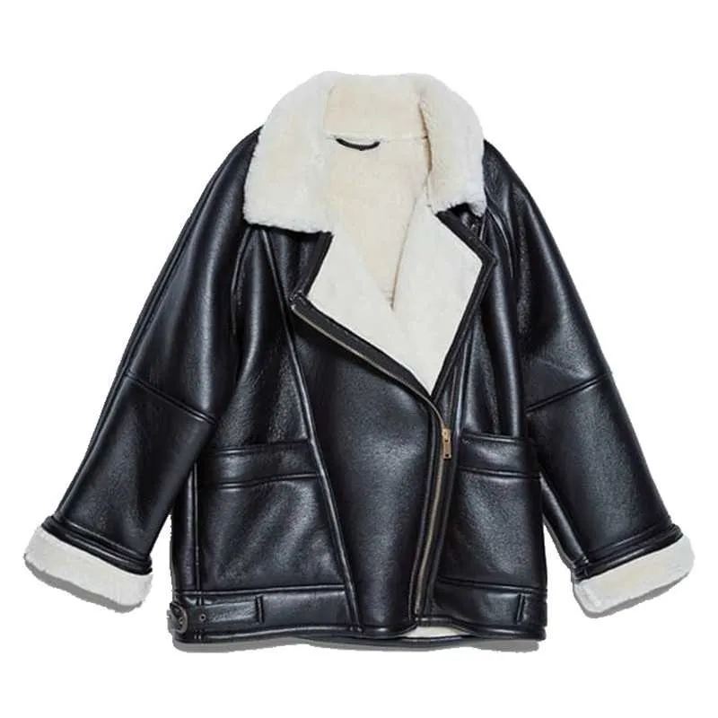 Faux Fur Lined Leather Shearling Moto Jacket