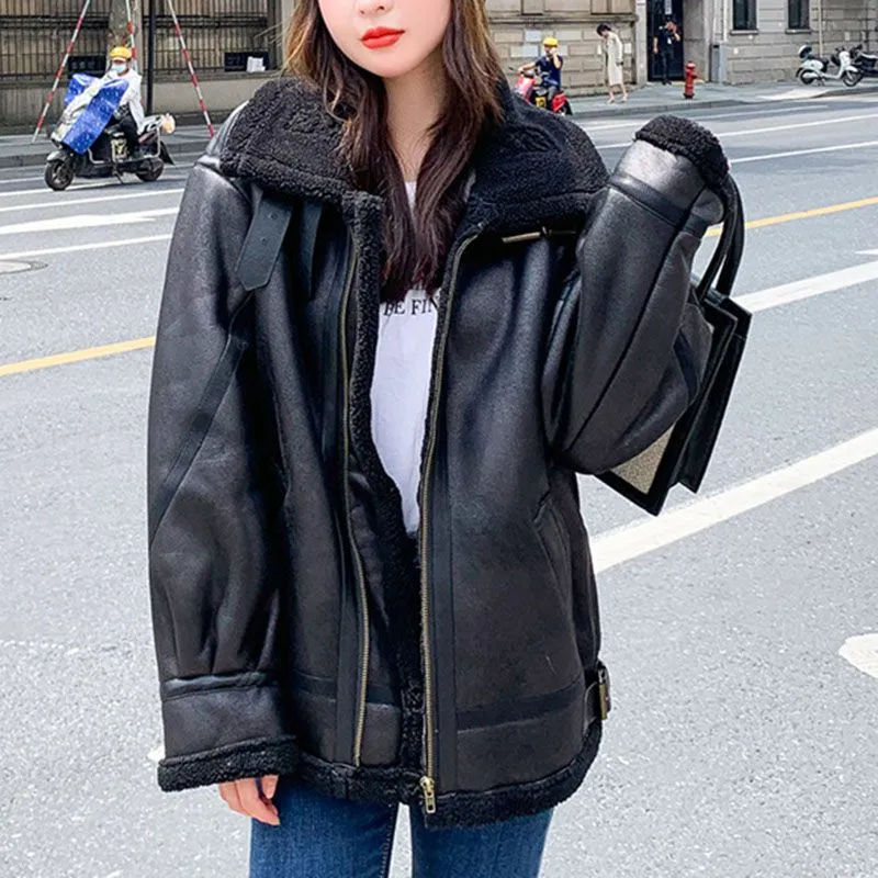 Faux Fur Lined Leather Shearling Moto Jacket