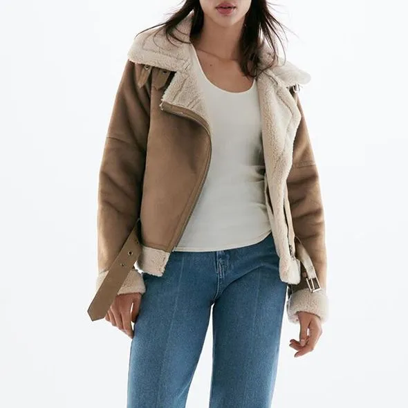 Faux Fur Lined Leather Shearling Moto Jacket