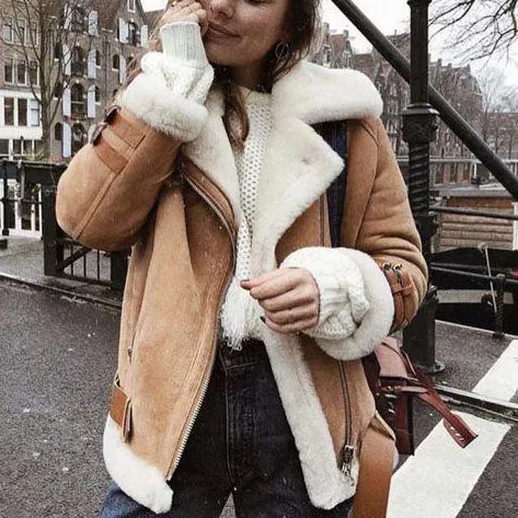 Faux Fur Lined Leather Shearling Moto Jacket