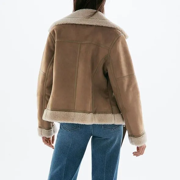 Faux Fur Lined Leather Shearling Moto Jacket